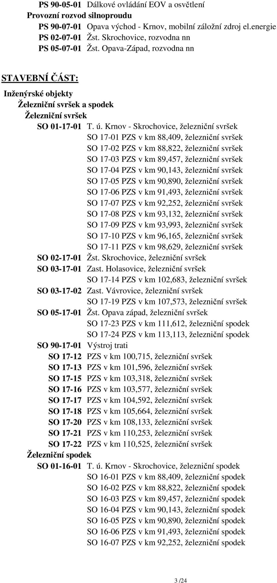 Krnov - Skrochovice, železniční svršek SO 17-01 PZS v km 88,409, železniční svršek SO 17-02 PZS v km 88,822, železniční svršek SO 17-03 PZS v km 89,457, železniční svršek SO 17-04 PZS v km 90,143,