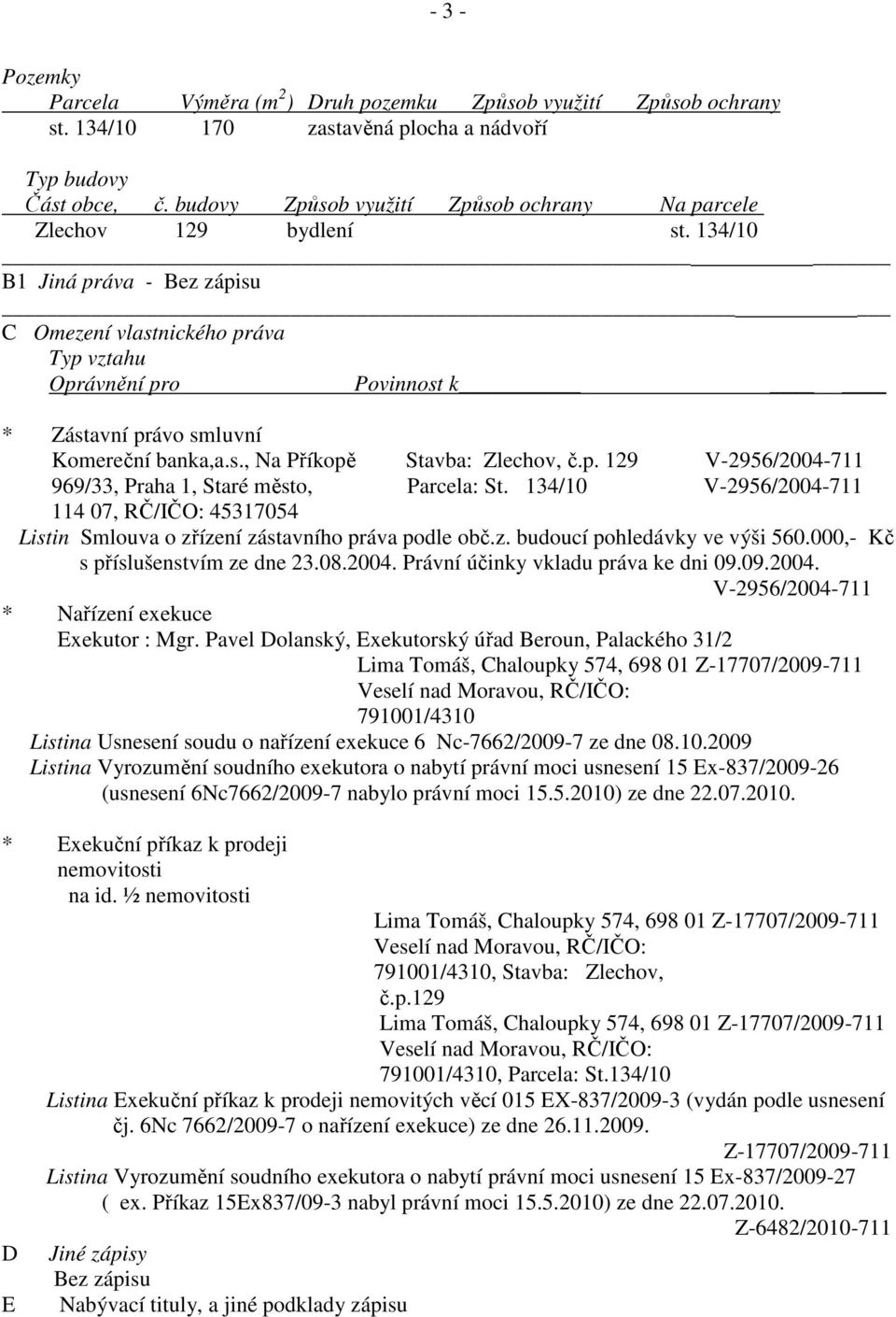 134/10 B1 Jiná práva - Bez zápisu C Omezení vlastnického práva Typ vztahu Oprávnění pro Povinnost k * Zástavní právo smluvní Komereční banka,a.s., Na Příkopě Stavba: Zlechov, č.p. 129 V-2956/2004-711 969/33, Praha 1, Staré město, Parcela: St.