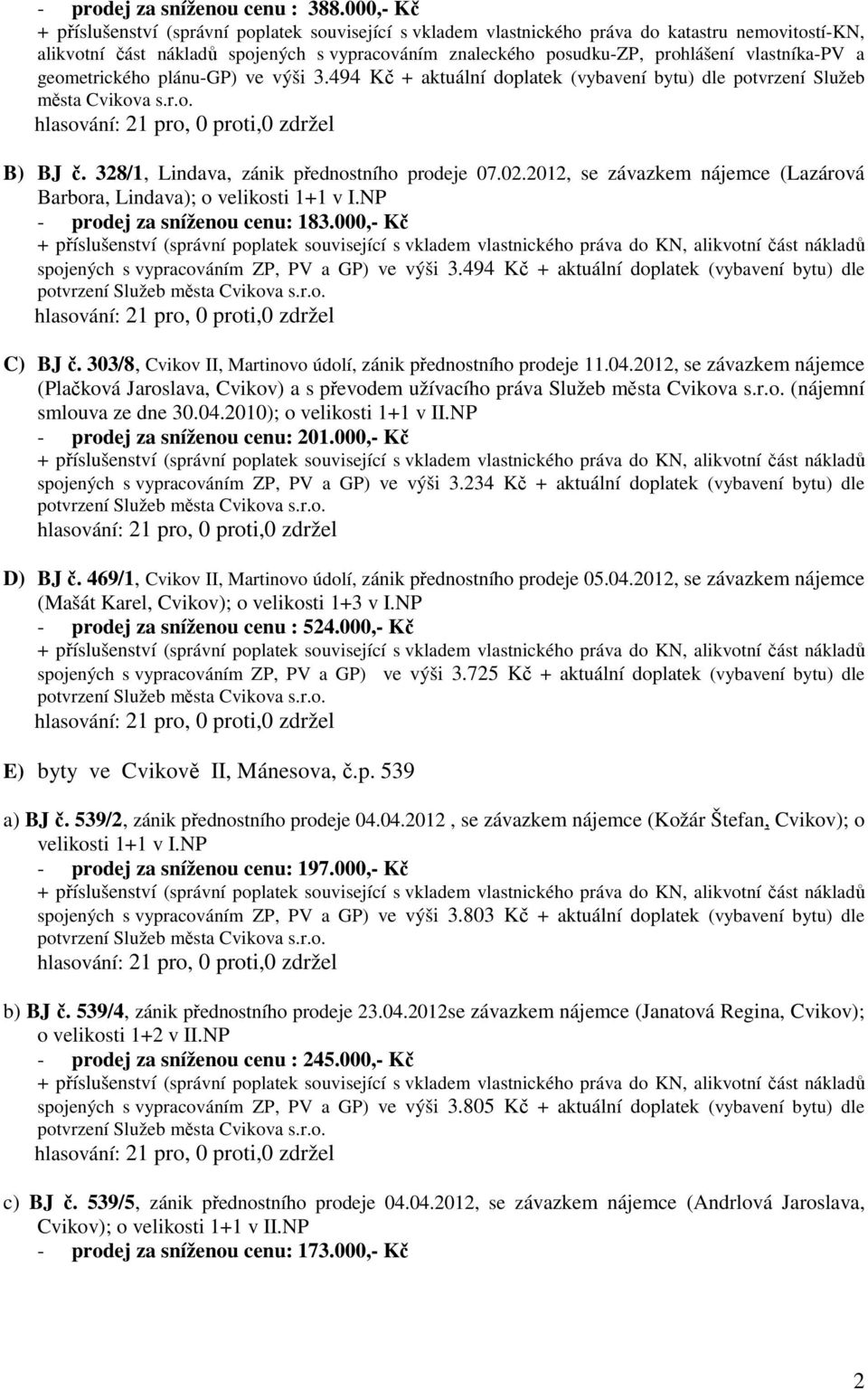 vlastníka-pv a geometrického plánu-gp) ve výši 3.494 Kč + aktuální doplatek (vybavení bytu) dle potvrzení Služeb města Cvikova s.r.o. B) BJ č. 328/1, Lindava, zánik přednostního prodeje 07.02.