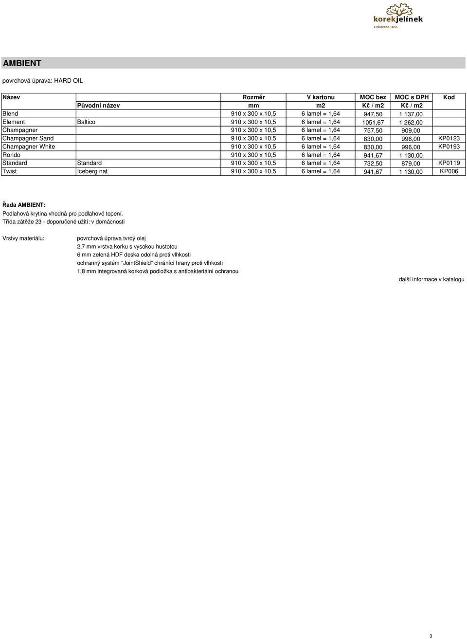 941,67 1 130,00 Standard Standard 910 x 300 x 10,5 6 lamel = 1,64 732,50 879,00 KP0119 Twist Iceberg nat 910 x 300 x 10,5 6 lamel = 1,64 941,67 1 130,00 KP006 Řada AMBIENT: Třída zátěže 23 -