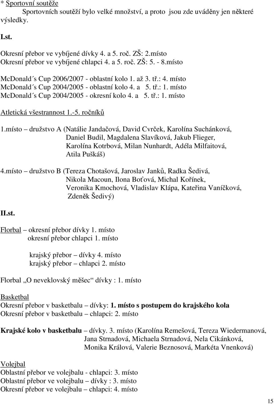 místo McDonald s Cup 2004/2005 - okresní kolo 4. a 5. tř.: 1. místo Atletická všestrannost 1.-5. ročníků 1.