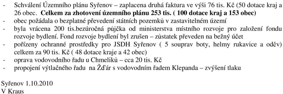 bezúročná půjčka od ministerstva místního rozvoje pro založení fondu rozvoje bydlení.