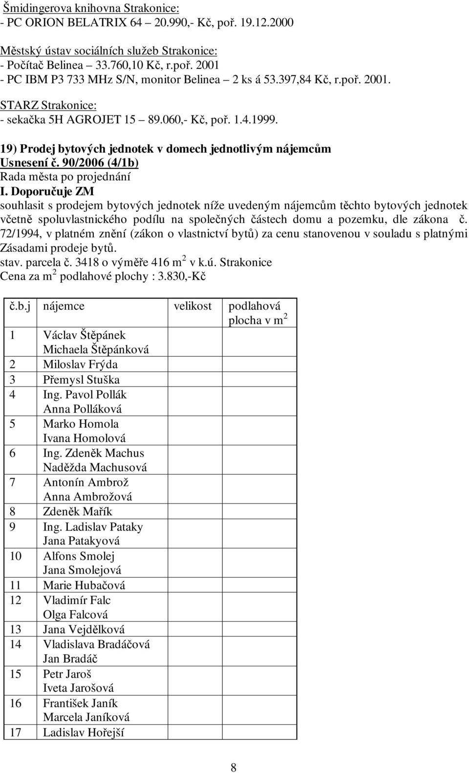 90/2006 (4/1b) souhlasit s prodejem bytových jednotek níže uvedeným nájemcům těchto bytových jednotek včetně spoluvlastnického podílu na společných částech domu a pozemku, dle zákona č.