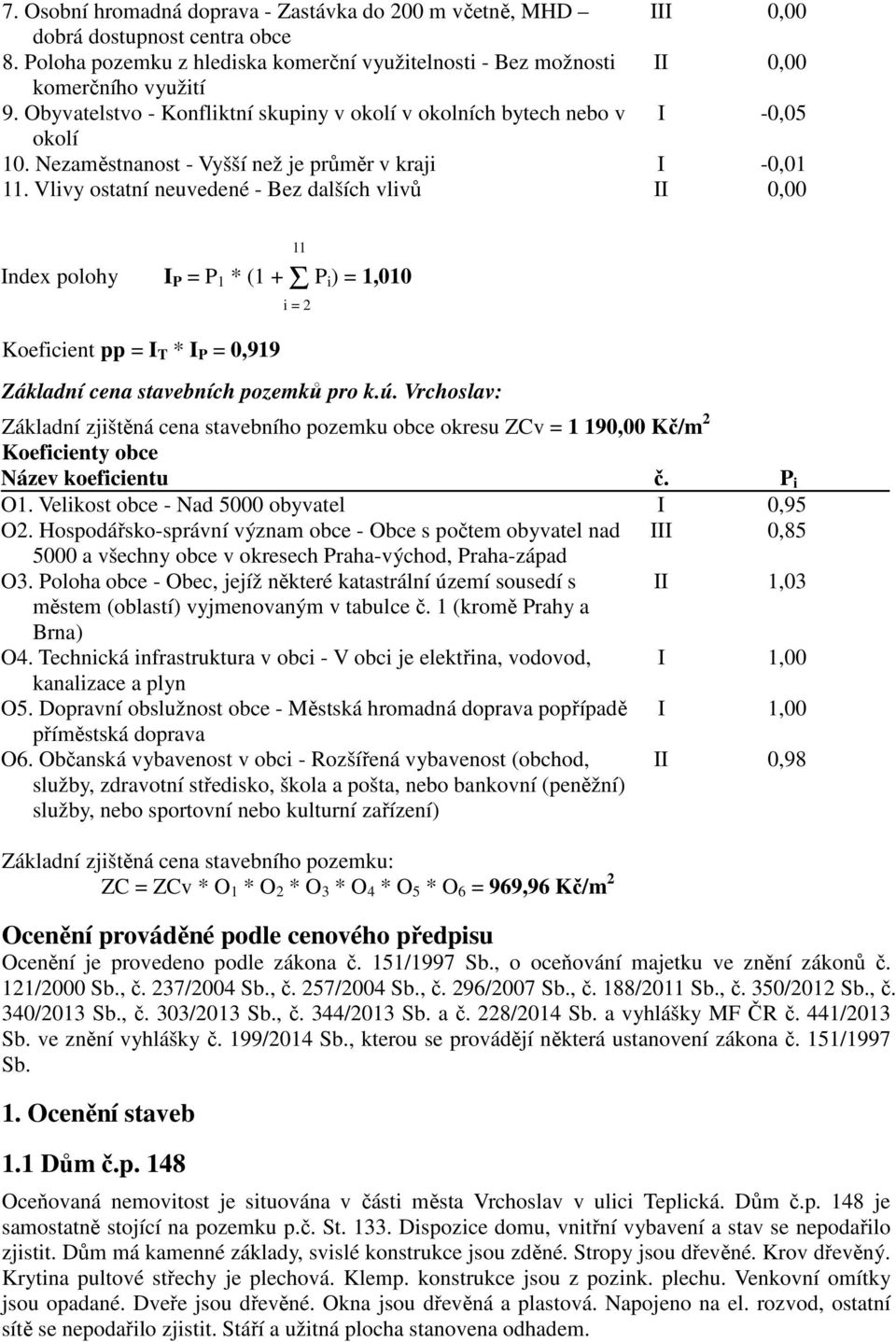 Vlivy ostatní neuvedené - Bez dalších vlivů II 0,00 Index polohy I P = P 1 * (1 + Σ P i) = 1,010 Koeficient pp = I T * I P = 0,919 11 i = 2 Základní cena stavebních pozemků pro k.ú.