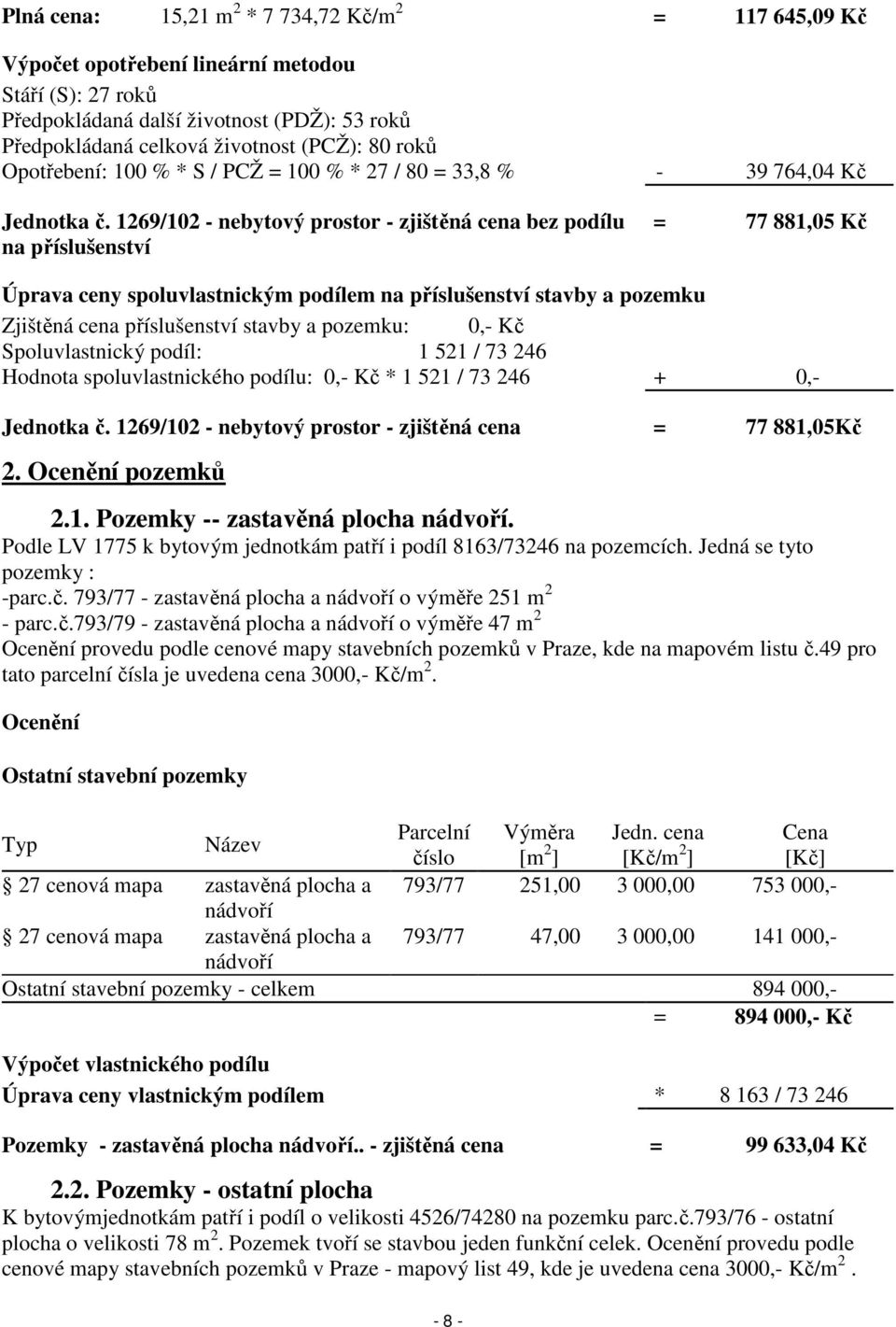 1269/102 - nebytový prostor - zjištěná cena bez podílu na příslušenství = 77 881,05 Kč Úprava ceny spoluvlastnickým podílem na příslušenství stavby a pozemku Zjištěná cena příslušenství stavby a