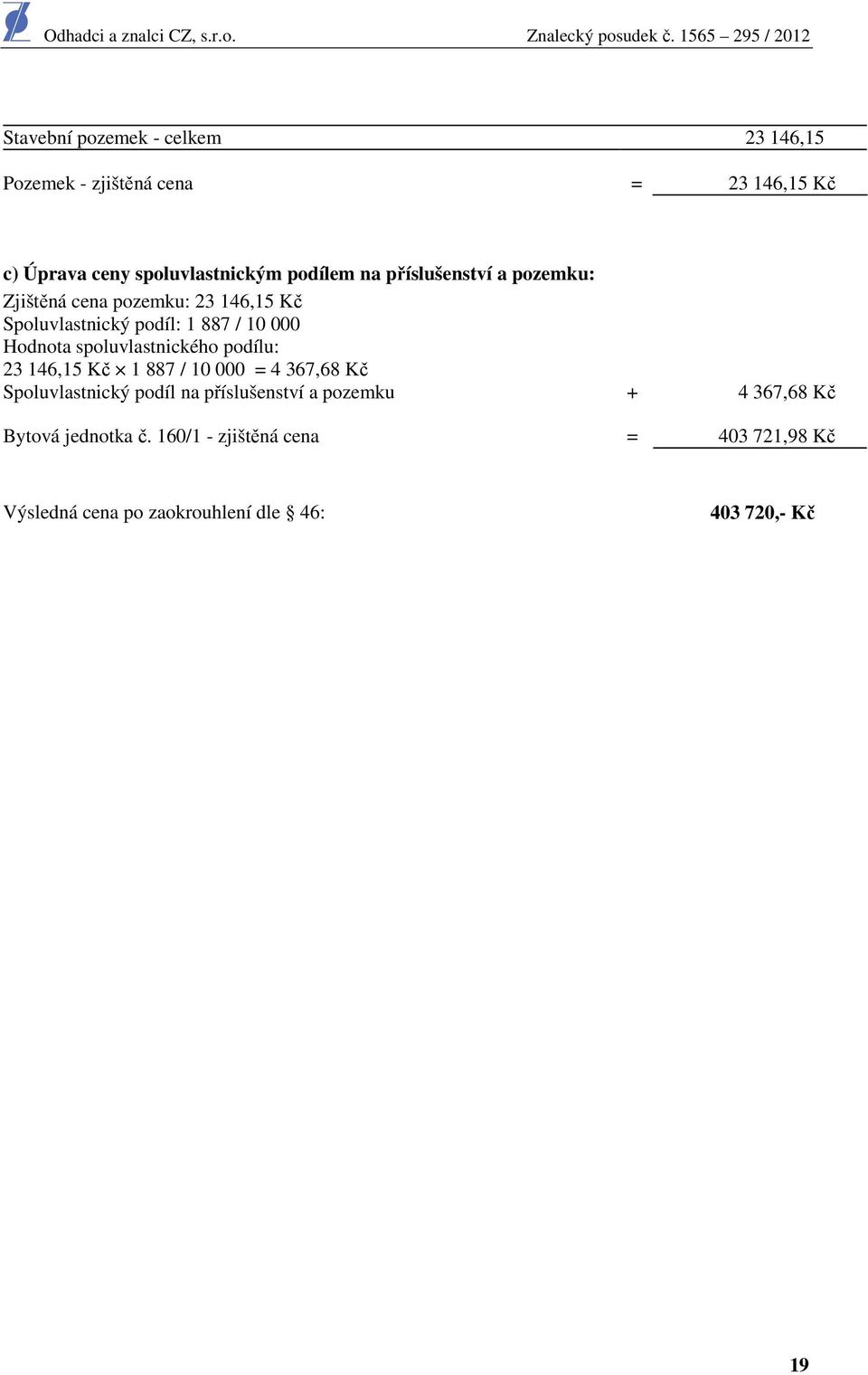 spoluvlastnického podílu: 23 146,15 Kč 1 887 / 10 000 = 4 367,68 Kč Spoluvlastnický podíl na příslušenství a pozemku