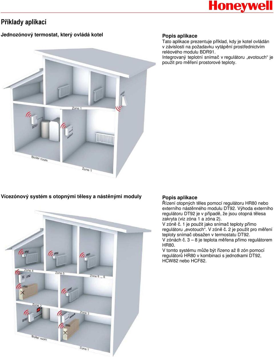 Vícezónový systém s otopnými tělesy a nástěnými moduly Řízení otopných těles pomocí regulátoru HR80 nebo externího nástěnného modulu DT92.