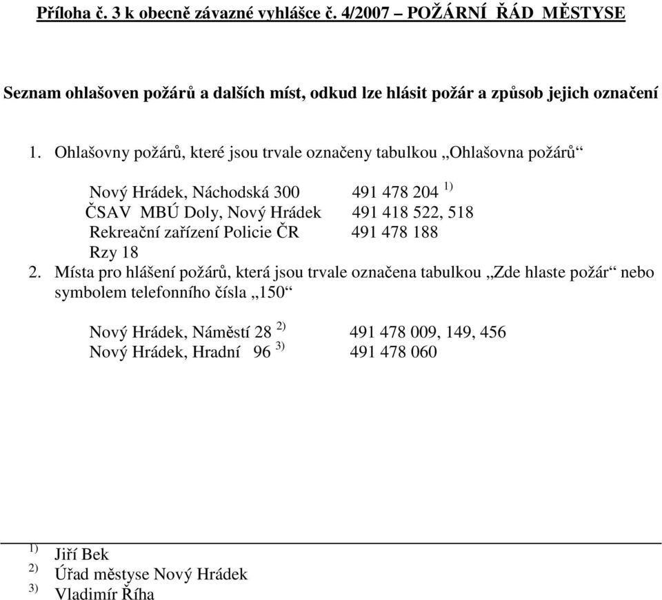 Ohlašovny požárů, které jsou trvale označeny tabulkou Ohlašovna požárů Nový Hrádek, Náchodská 300 491 478 204 1) ČSAV MBÚ Doly, Nový Hrádek 491 418 522, 518