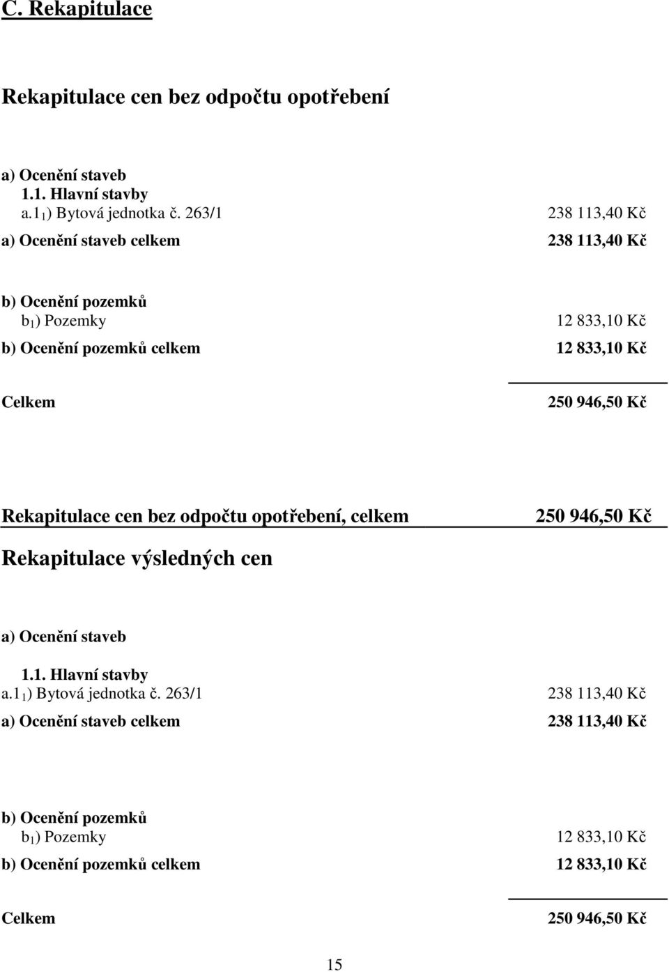 250 946,50 Kč Rekapitulace cen bez odpočtu opotřebení, celkem 250 946,50 Kč Rekapitulace výsledných cen a) Ocenění staveb 1.1. Hlavní stavby a.