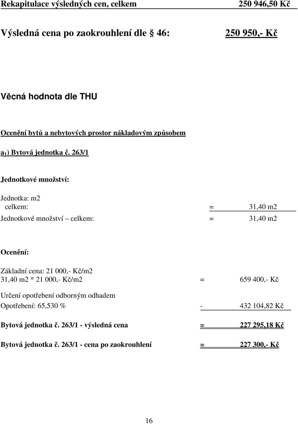 263/1 Jednotkové množství: Jednotka: m2 celkem: = 31,40 m2 Jednotkové množství celkem: = 31,40 m2 Ocenění: Základní cena: 21 000,- Kč/m2 31,40