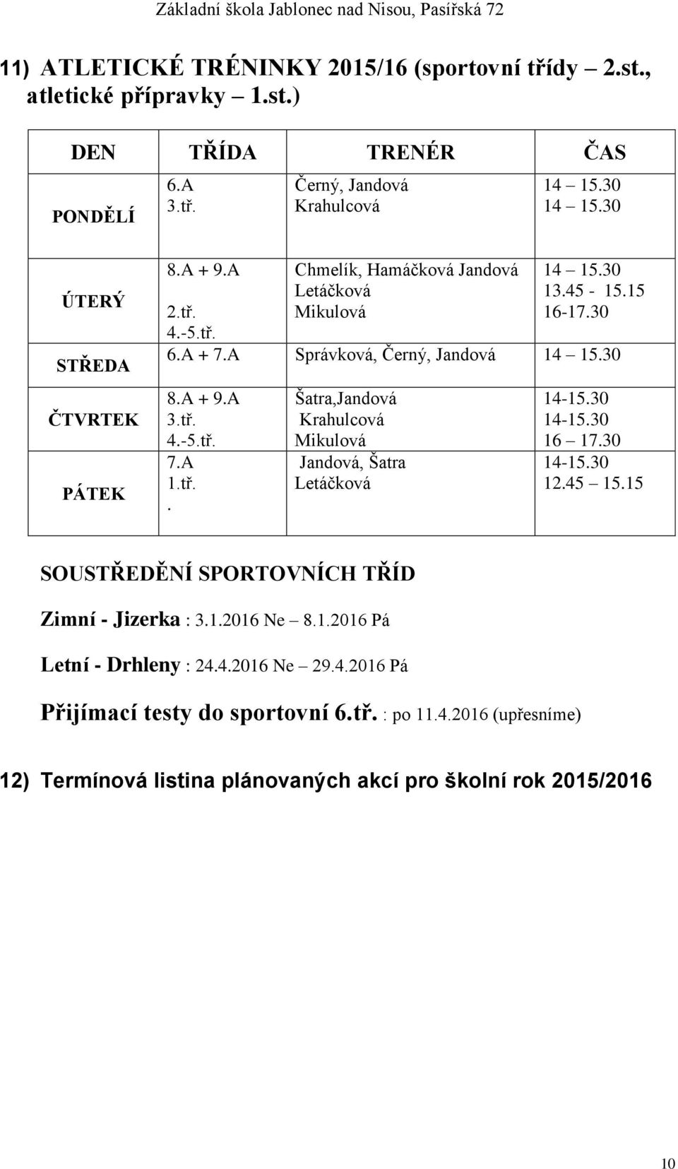 A + 9.A 3.tř. 4.-5.tř. 7.A 1.tř.. Šatra,Jandová Krahulcová Mikulová Jandová, Šatra Letáčková 14-15.30 14-15.30 16 17.30 14-15.30 12.45 15.