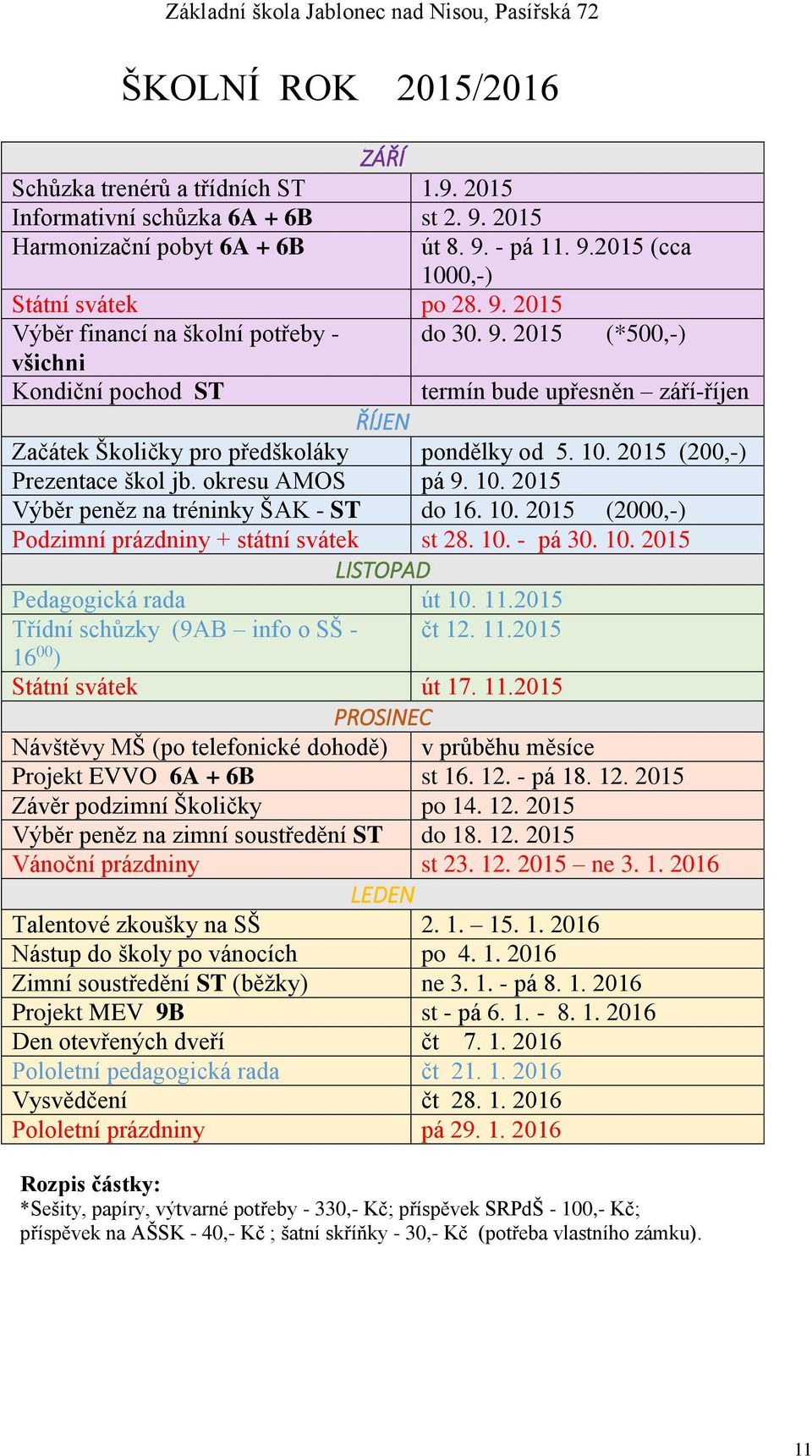 10. 2015 (2000,-) Podzimní prázdniny + státní svátek st 28. 10. - pá 30. 10. 2015 LISTOPAD Pedagogická rada út 10. 11.2015 Třídní schůzky (9AB info o SŠ - čt 12. 11.2015 16 00 ) Státní svátek út 17.