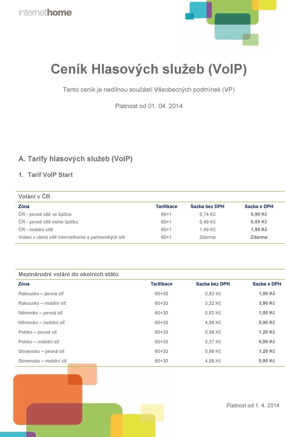 Internethome a partnerských sítí 60+1 Zdarma Zdarma Mezinárodní volání do okolních států Rakousko pevná síť 60+30 0,83 Kč 1,00 Kč Rakousko mobilní síť 60+30 3,22 Kč 3,90 Kč Německo pevná