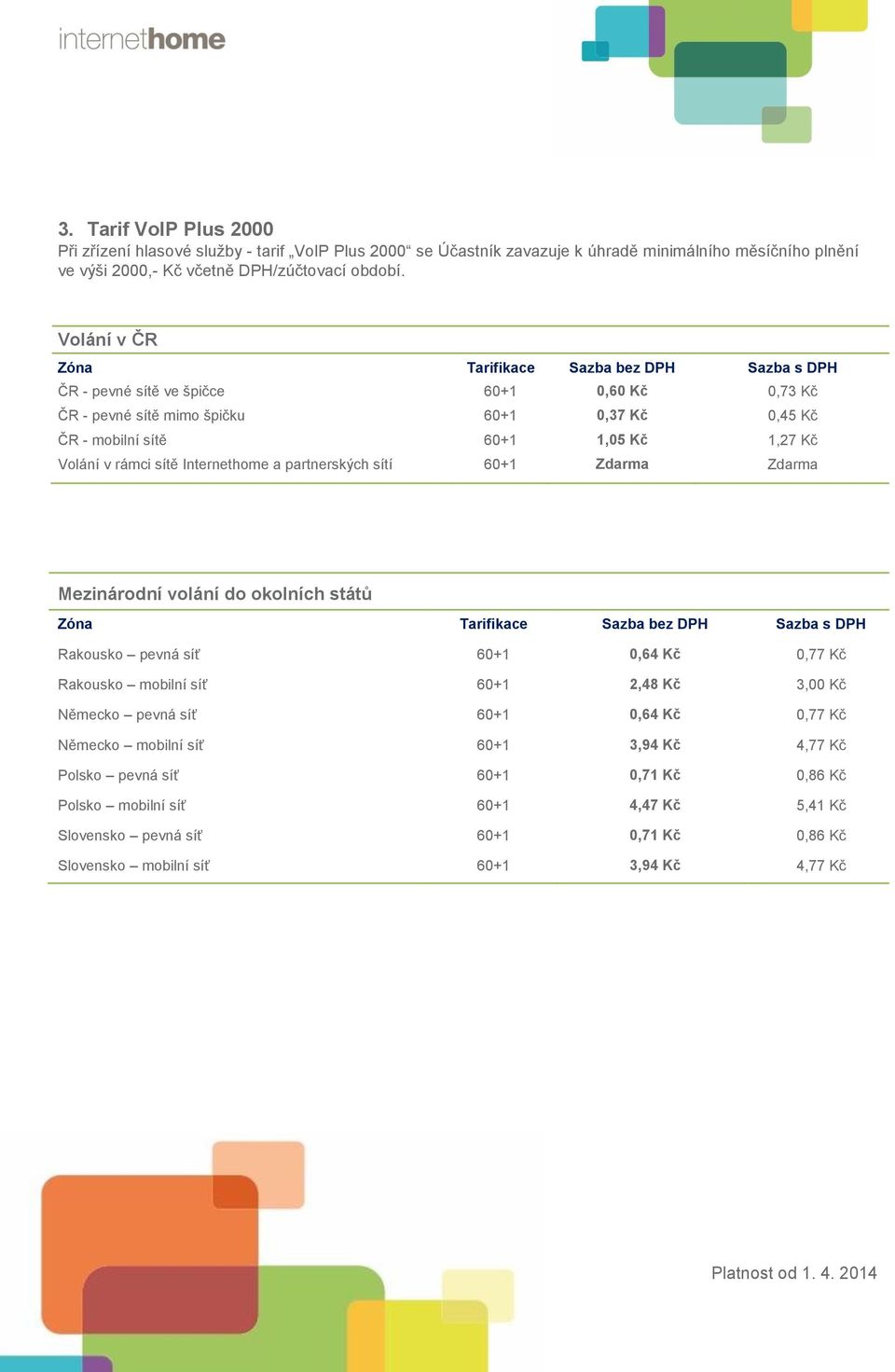 partnerských sítí 60+1 Zdarma Zdarma Mezinárodní volání do okolních států Rakousko pevná síť 60+1 0,64 Kč 0,77 Kč Rakousko mobilní síť 60+1 2,48 Kč 3,00 Kč Německo pevná síť 60+1 0,64 Kč