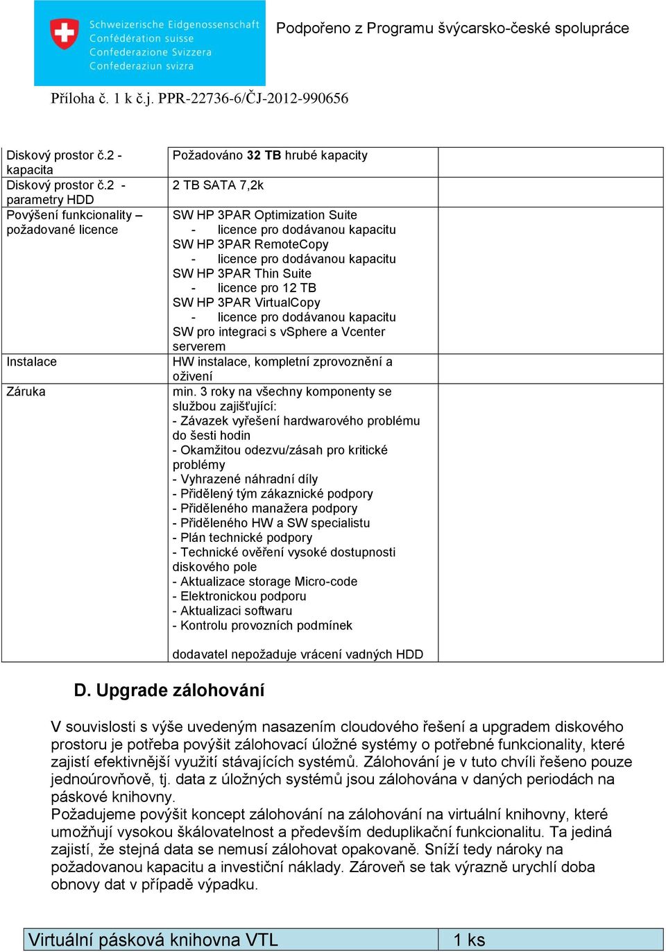 RemoteCopy - licence pro dodávanou kapacitu SW HP 3PAR Thin Suite - licence pro 12 TB SW HP 3PAR VirtualCopy - licence pro dodávanou kapacitu SW pro integraci s vsphere a Vcenter serverem HW