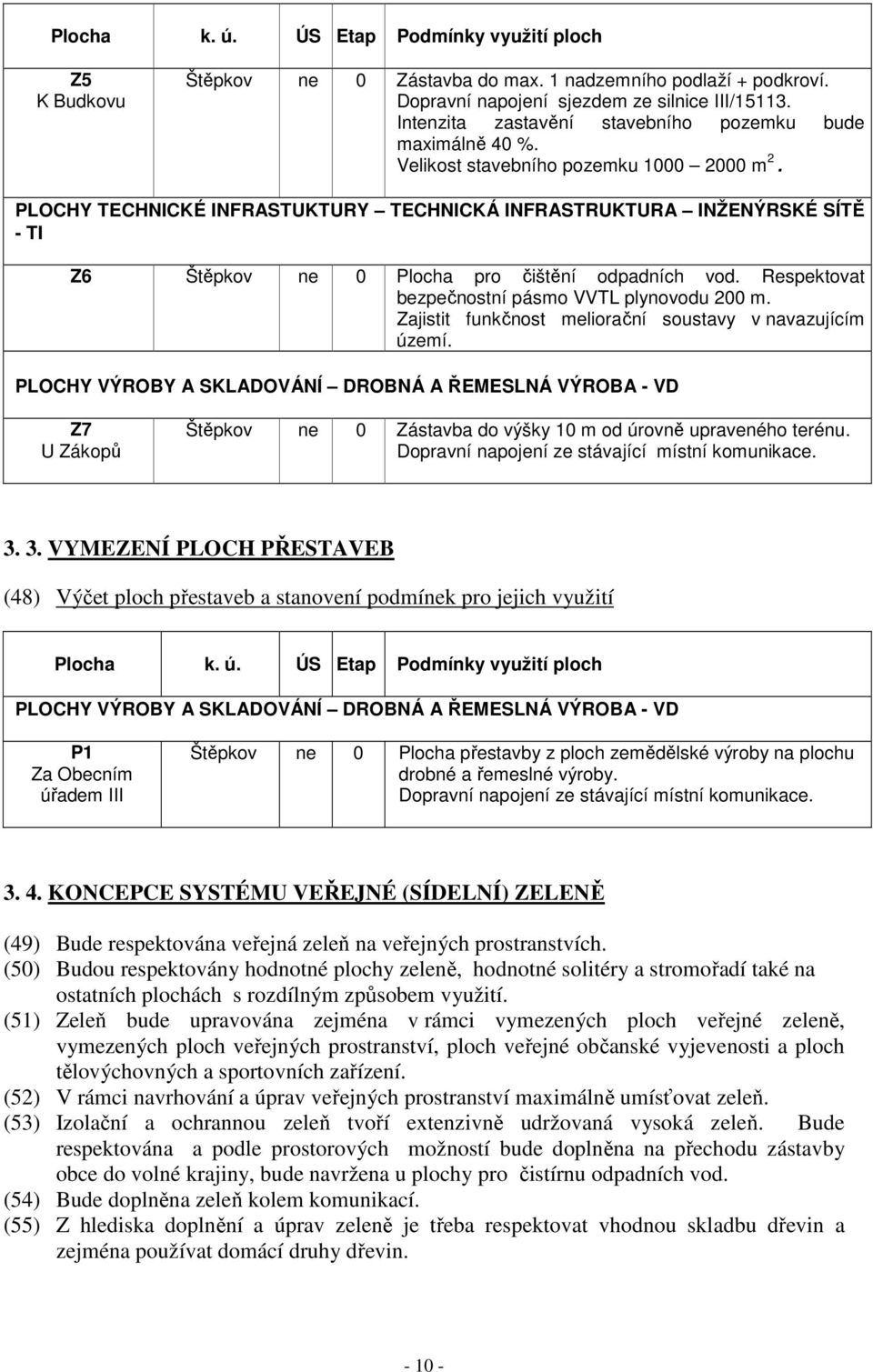 PLOCHY TECHNICKÉ INFRASTUKTURY TECHNICKÁ INFRASTRUKTURA INŽENÝRSKÉ SÍTĚ - TI Z6 Štěpkov ne 0 Plocha pro čištění odpadních vod. Respektovat bezpečnostní pásmo VVTL plynovodu 200 m.