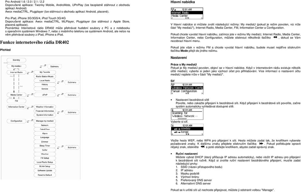 Pro ipad, iphone 3G/3GS/4, ipod Touch 3G/4G Doporučené aplikace: Awox mediactrl, MLPlayer, Plugplayer (lze stáhnout z Apple Store, placená aplikace).