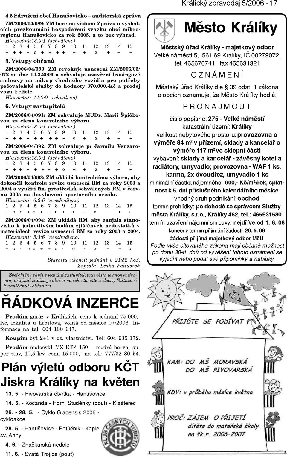 Hlasování:13:0:1 (schváleno) 1 2 3 4 5 6 7 8 9 10 11 12 13 14 15 + + + + o + + + + + + x + + + 5. Vstupy obèanù ZM/2006/04/090: ZM revokuje usnesení ZM/2006/03/ 072 ze dne 14.3.2006 a schvaluje uzavøení leasingové smlouvy na nákup vhodného vozidla pro potøeby peèovatelské služby do hodnoty 370.