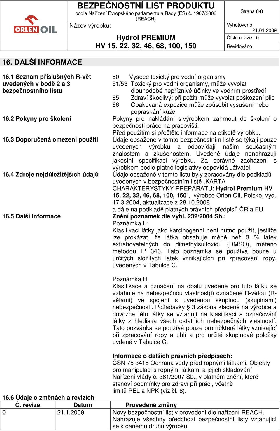 prostředí 65 Zdraví škodlivý: při požití může vyvolat poškození plic 66 Opakovaná expozice může způsobit vysušení nebo popraskání kůže 16.