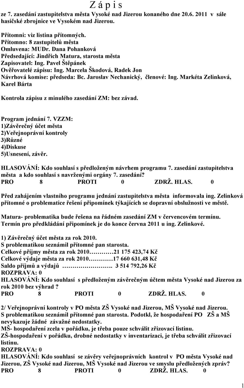 Marcela Škodová, Radek Jon Návrhová komise: předseda: Bc. Jaroslav Nechanický, členové: Ing. Markéta Zelinková, Karel Bárta Kontrola zápisu z minulého zasedání ZM: bez závad. Program jednání 7.