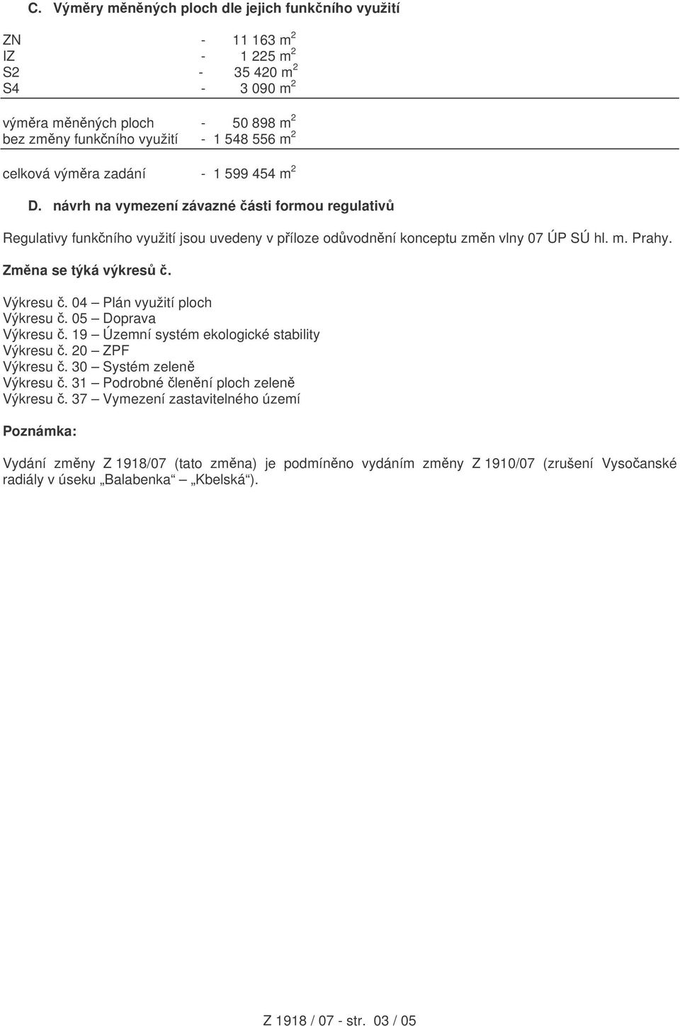 Zmna se týká výkres. Výkresu. 04 Plán využití ploch Výkresu. 05 Doprava Výkresu. 19 Územní systém ekologické stability Výkresu. 20 ZPF Výkresu. 30 Systém zelen Výkresu.