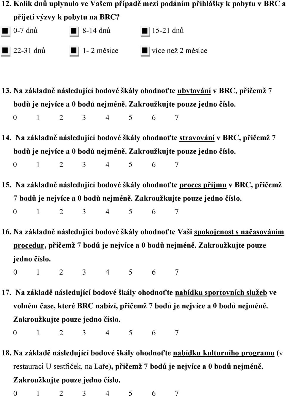 Na základně následující bodové škály ohodnoťte stravování v BRC, přičemž 7 bodů je nejvíce a 0 bodů nejméně. Zakroužkujte pouze jedno číslo. 15.