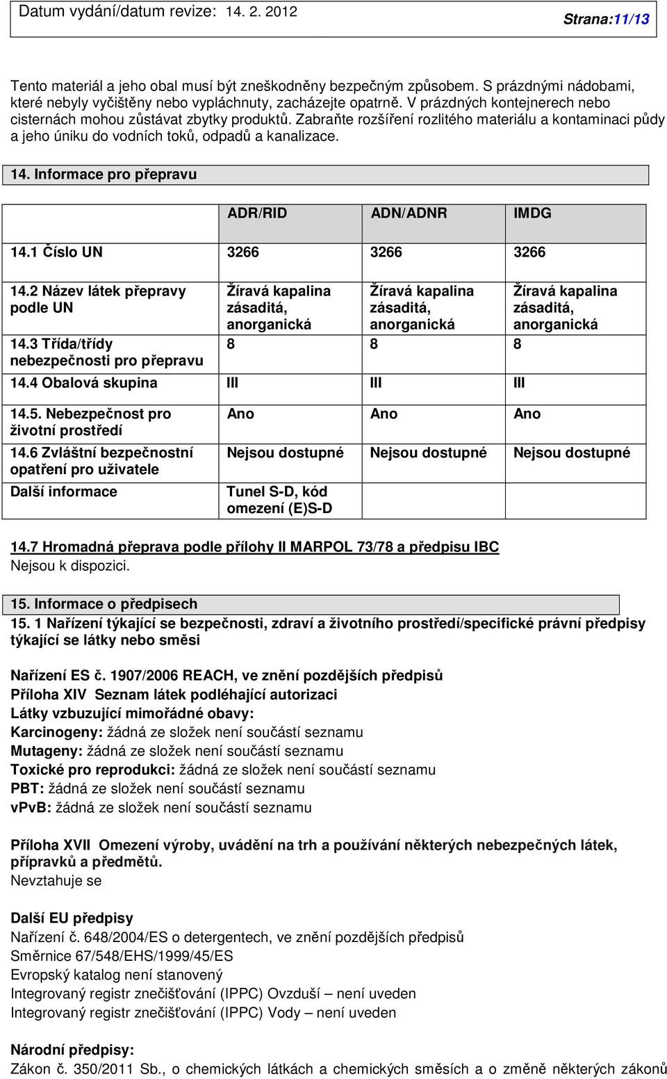 Informace pro přepravu ADR/RID ADN/ADNR IMDG 14.1 Číslo UN 3266 3266 3266 14.2 Název látek přepravy podle UN 14.