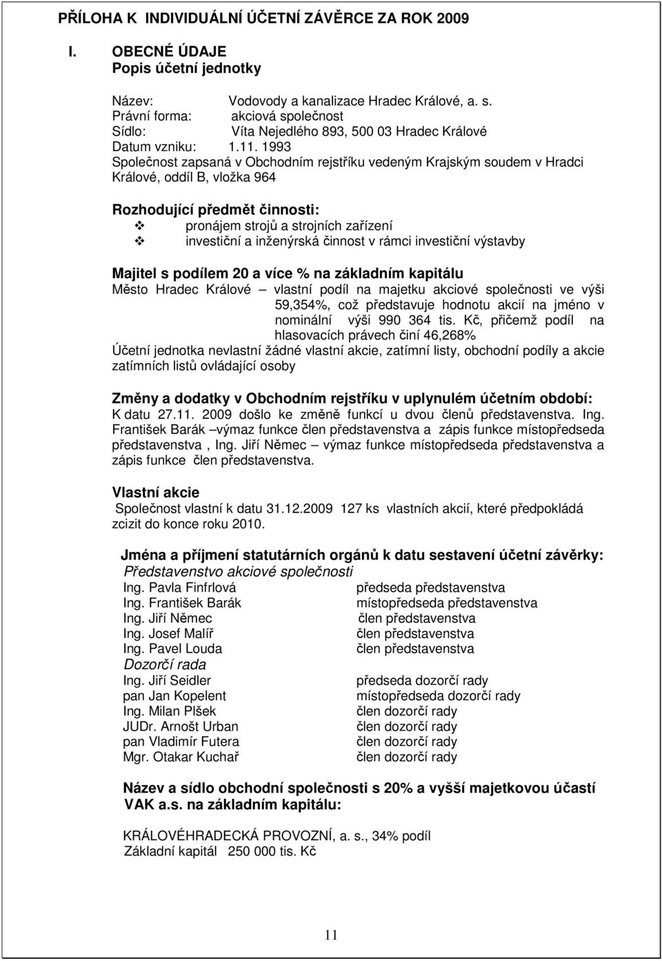 1993 Společnost zapsaná v Obchodním rejstříku vedeným Krajským soudem v Hradci Králové, oddíl B, vložka 964 Rozhodující předmět činnosti: pronájem strojů a strojních zařízení investiční a inženýrská