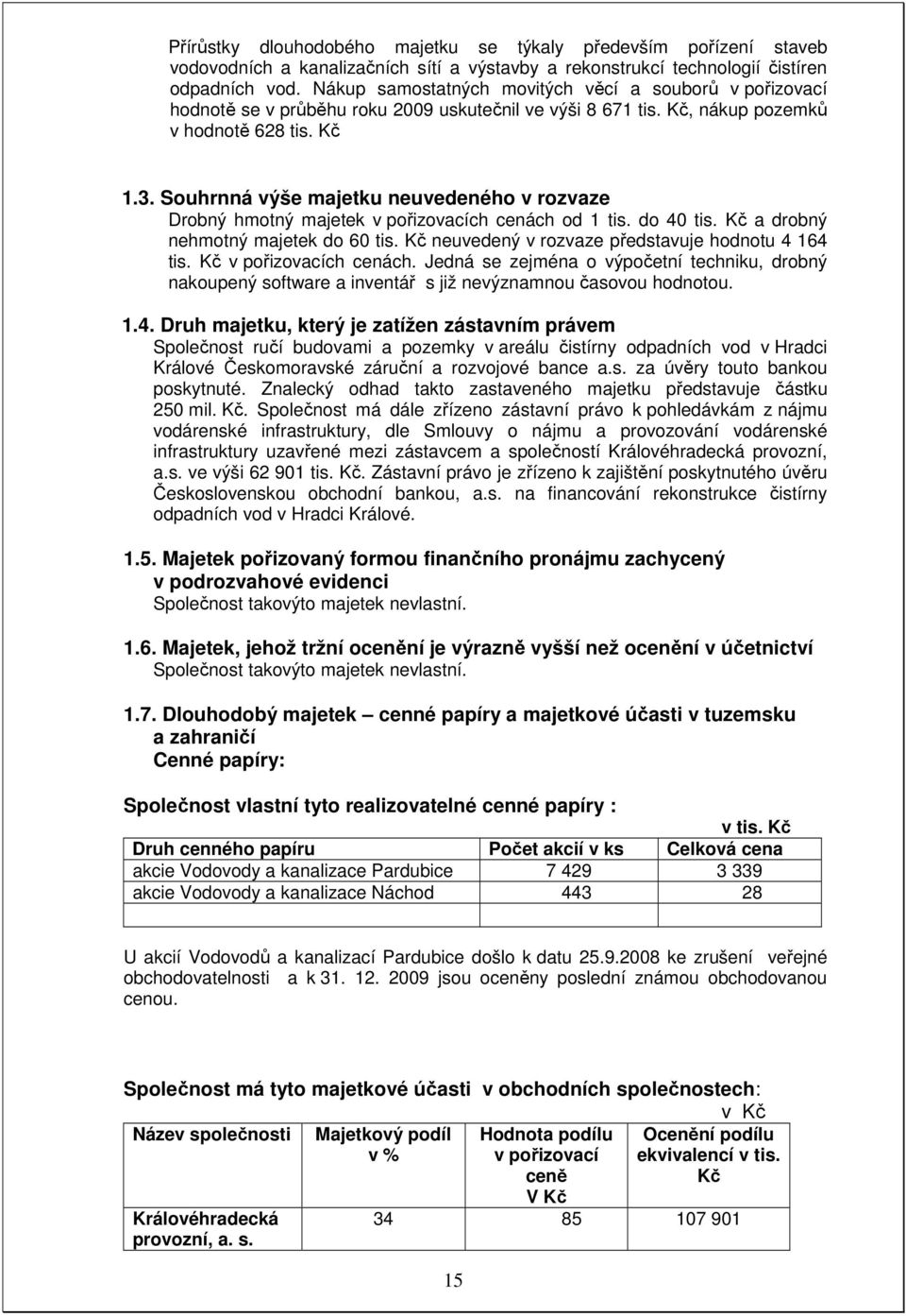 Souhrnná výše majetku neuvedeného v rozvaze Drobný hmotný majetek v pořizovacích cenách od 1 tis. do 40 tis. Kč a drobný nehmotný majetek do 60 tis.