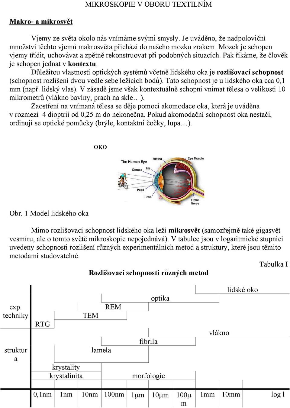 Důležitou vlastností optických systémů včetně lidského oka je rozlišovací schopnost (schopnost rozlišení dvou vedle sebe ležících bodů). Tato schopnost je u lidského oka cca 0,1 mm (např.