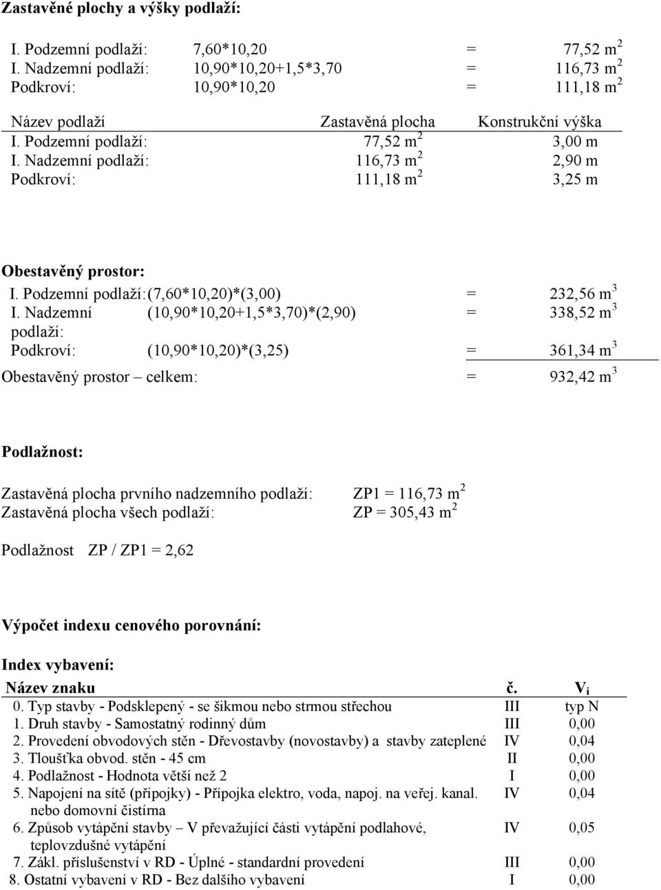 Nadzemní podlaží: 116,73 m 2 2,90 m Podkroví: 111,18 m 2 3,25 m Obestavěný prostor: I. Podzemní podlaží:(7,60*10,20)*(3,00) = 232,56 m 3 I.