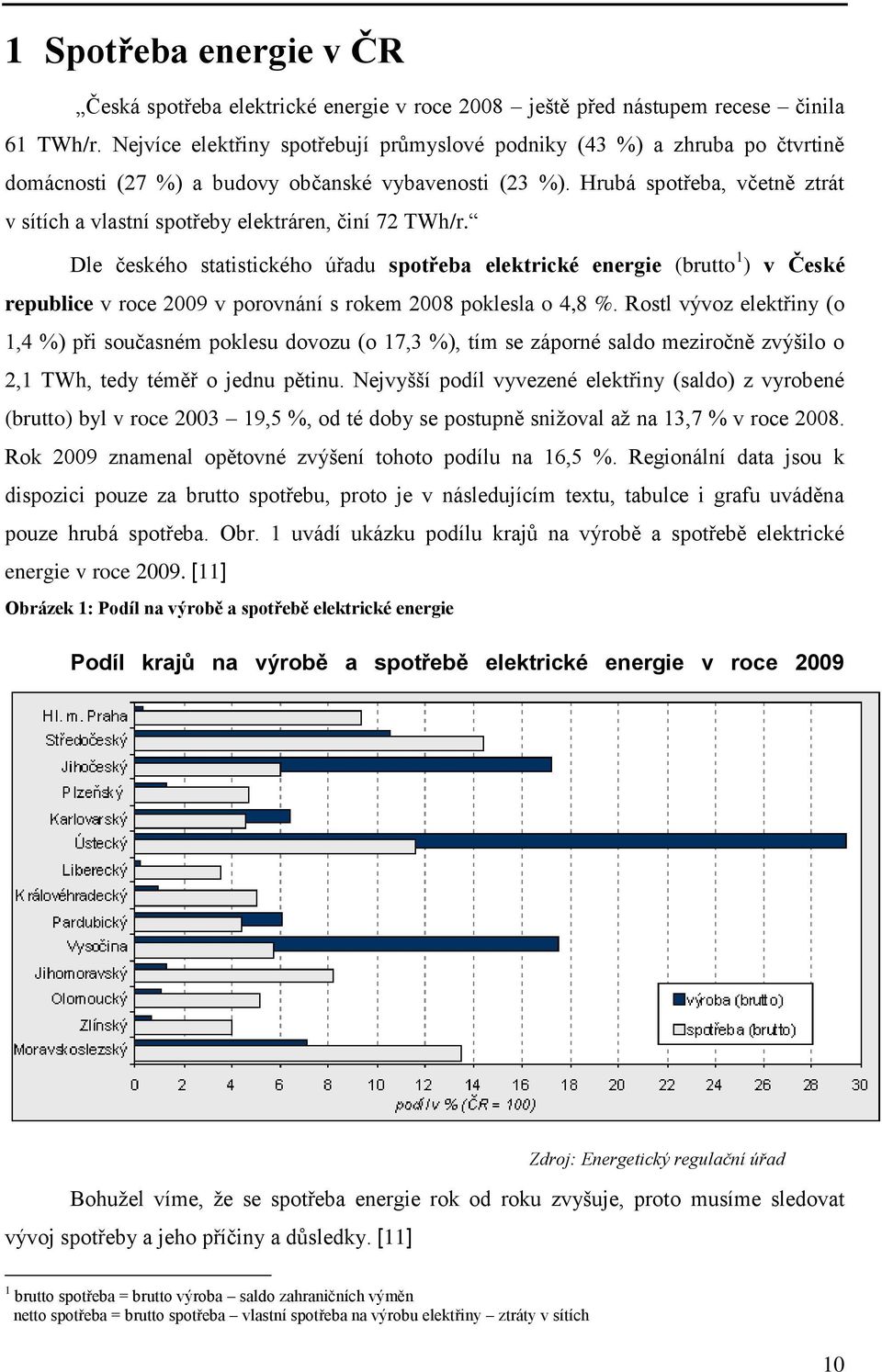 Hrubá spotřeba, včetně ztrát v sítích a vlastní spotřeby elektráren, činí 72 TWh/r.