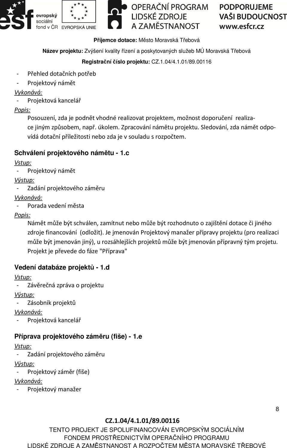 c - Projektový námět - Zadání projektového záměru - Porada vedení města Námět může být schválen, zamítnut nebo může být rozhodnuto o zajištění dotace či jiného zdroje financování (odložit).