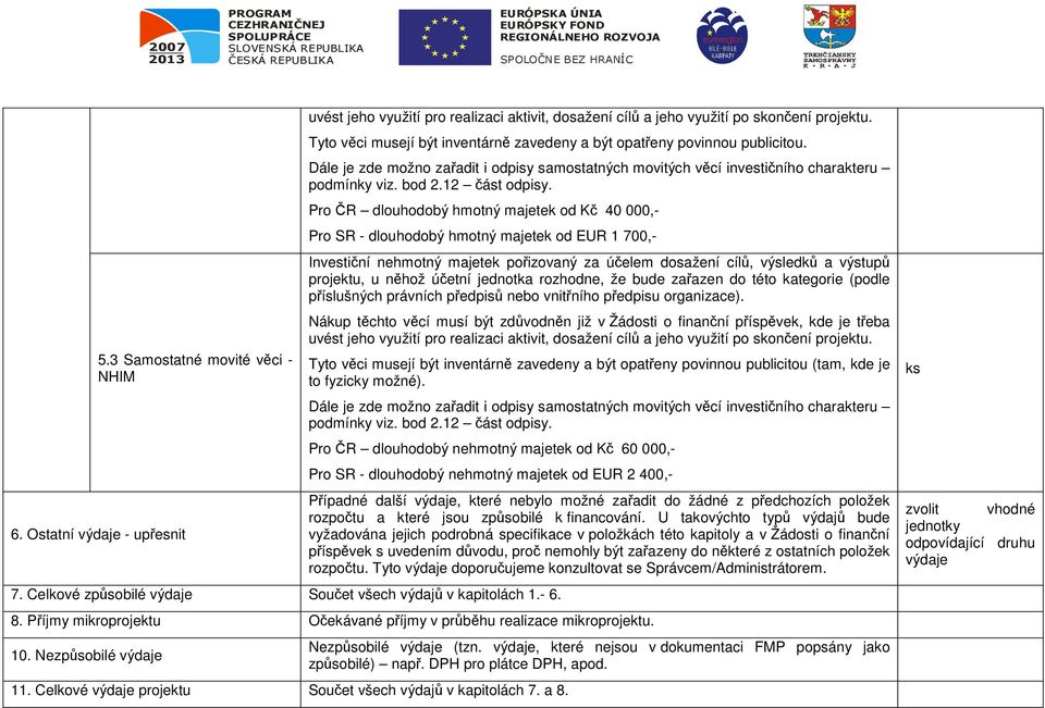 Pro ČR dlouhodobý hmotný majetek od Kč 40 000,- Pro SR - dlouhodobý hmotný majetek od EUR 1 700,- Investiční nehmotný majetek pořizovaný za účelem dosažení cílů, výsledků a výstupů projektu, u něhož