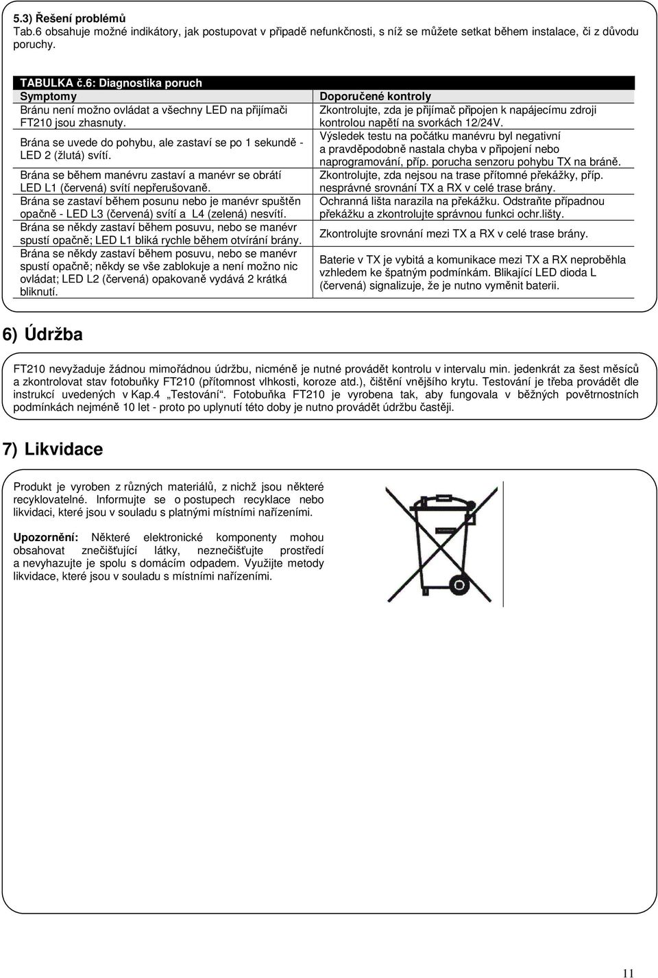 Brána se během manévru zastaví a manévr se obrátí LED L1 (červená) svítí nepřerušovaně. Brána se zastaví během posunu nebo je manévr spuštěn opačně - LED L3 (červená) svítí a L4 (zelená) nesvítí.