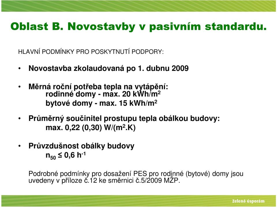 15 kwh/m 2 Průměrný součinitel prostupu tepla obálkou budovy: max. 0,22 (0,30) W/(m 2.