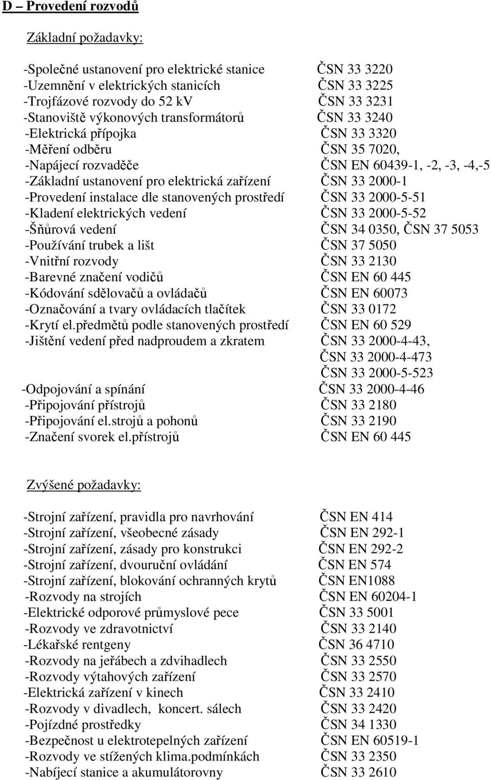 33 2000-1 -Provedení instalace dle stanovených prostředí ČSN 33 2000-5-51 -Kladení elektrických vedení ČSN 33 2000-5-52 -Šňůrová vedení ČSN 34 0350, ČSN 37 5053 -Používání trubek a lišt ČSN 37 5050
