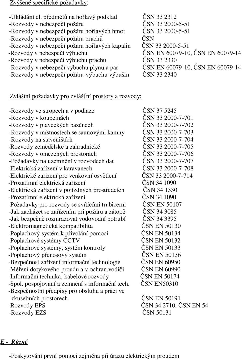 nebezpečí požáru hořlavých kapalin ČSN 33 2000-5-51 -Rozvody v nebezpečí výbuchu ČSN EN 60079-10, ČSN EN 60079-14 -Rozvody v nebezpečí výbuchu prachu ČSN 33 2330 -Rozvody v nebezpečí výbuchu plynů a