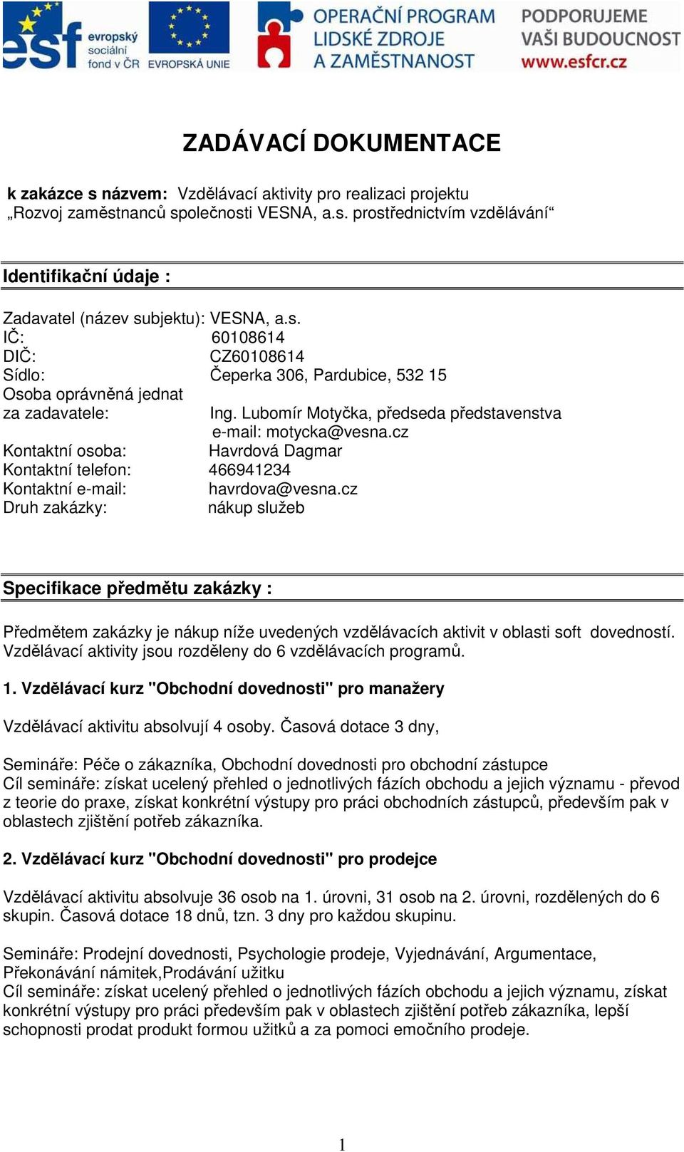 cz Kontaktní osoba: Havrdová Dagmar Kontaktní telefon: 466941234 Kontaktní e-mail: havrdova@vesna.