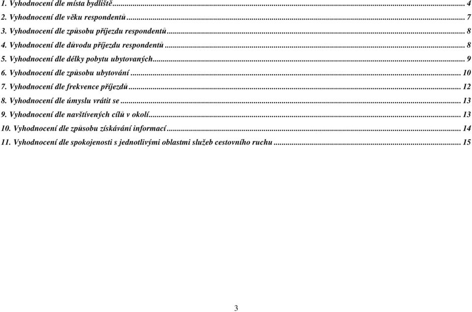 .. 10 7. Vyhodnocení dle frekvence příjezdů... 12 8. Vyhodnocení dle úmyslu vrátit se... 13 9. Vyhodnocení dle navštívených cílů v okolí.