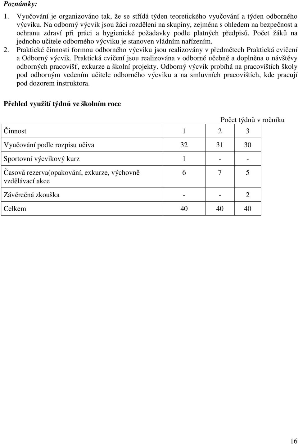 Počet žáků na jednoho učitele odborného výcviku je stanoven vládním nařízením. 2. Praktické činnosti formou odborného výcviku jsou realizovány v předmětech Praktická cvičení a Odborný výcvik.