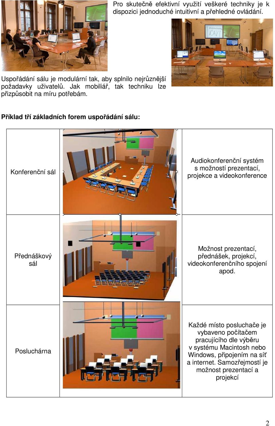 Příklad tří základních forem uspořádání sálu: Konferenční sál Audiokonferenční systém s možností prezentací, projekce a videokonference Přednáškový sál Možnost