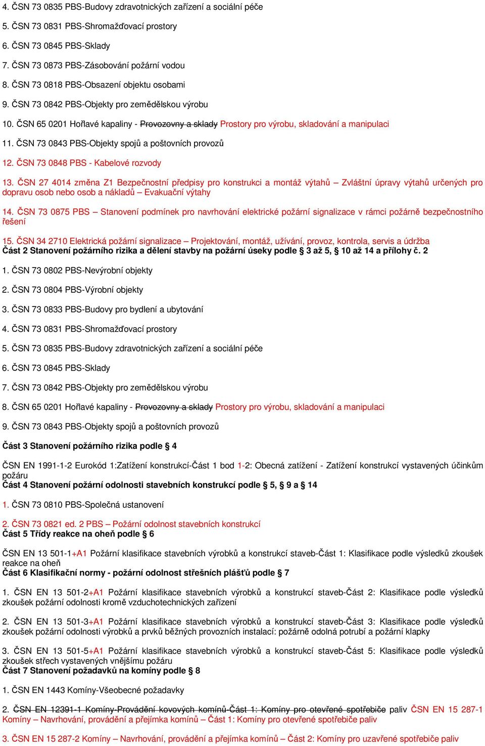 ČSN 73 0843 PBS-Objekty spojů a poštovních provozů 12. ČSN 73 0848 PBS - Kabelové rozvody 13.