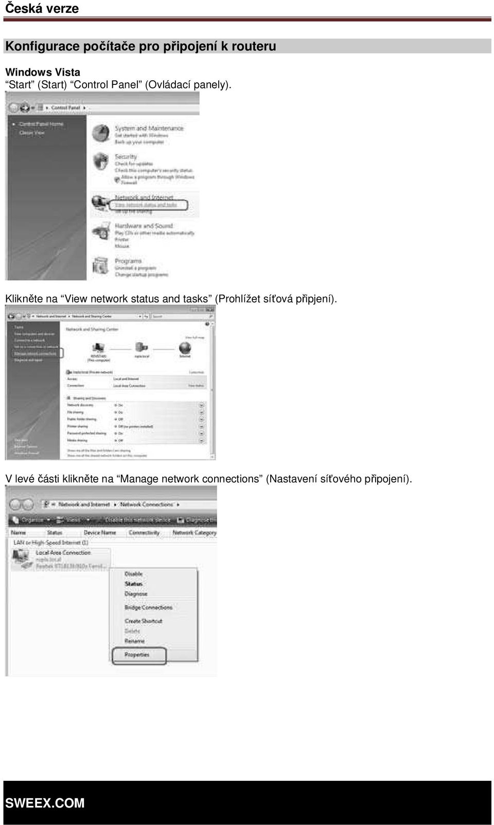 Klikněte na View network status and tasks (Prohlížet síťová