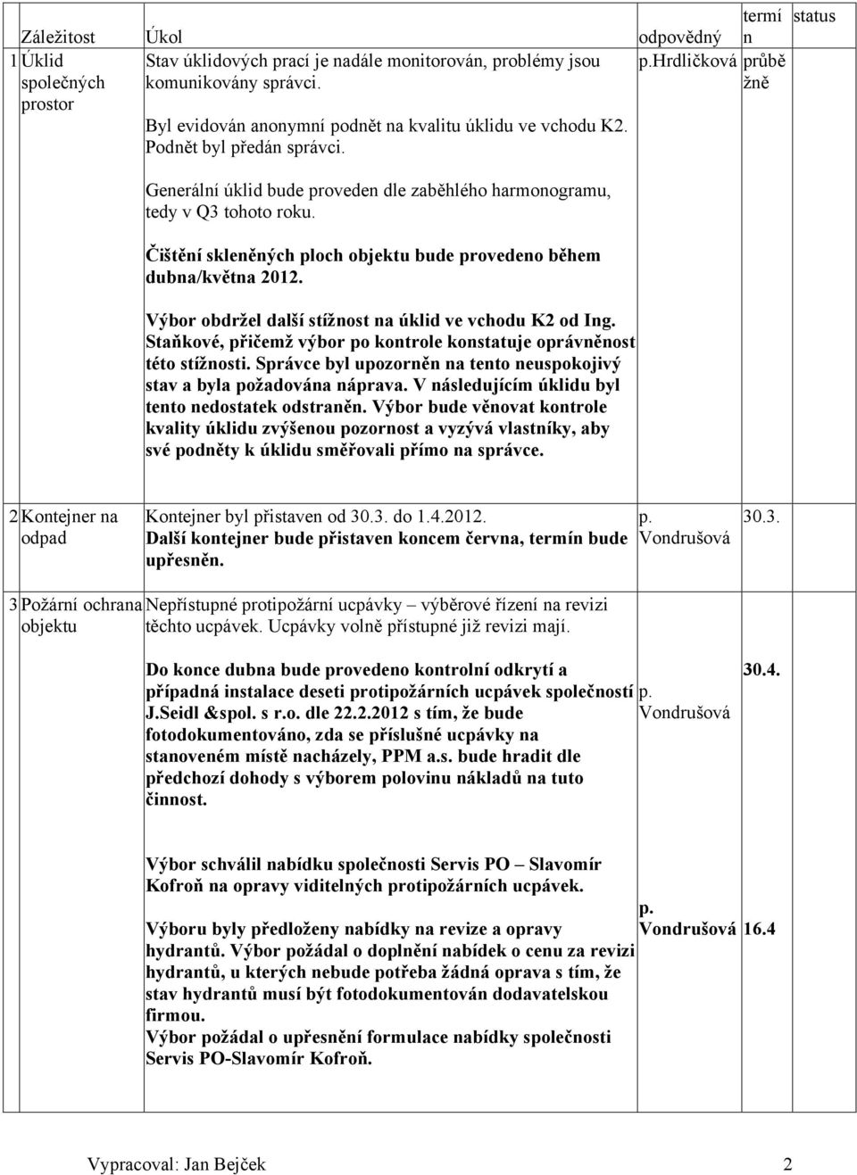 Čištění skleněných ploch objektu bude provedeno během dubna/května 2012. Výbor obdržel další stížnost na úklid ve vchodu K2 od Ing.