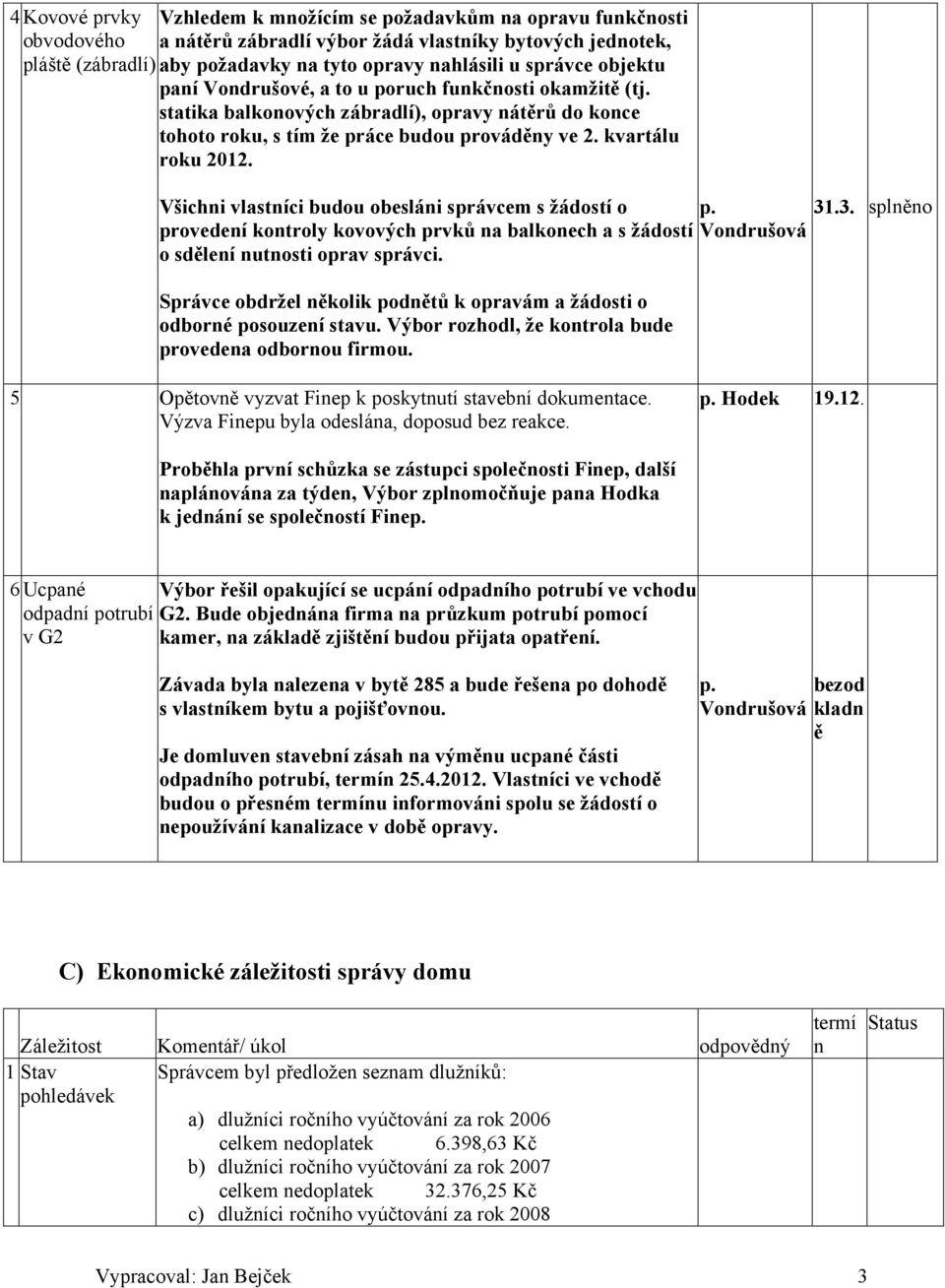 Všichni vlastníci budou obesláni správcem s žádostí o 31.3. splněno provedení kontroly kovových prvků na balkonech a s žádostí o sdělení nutnosti oprav správci.