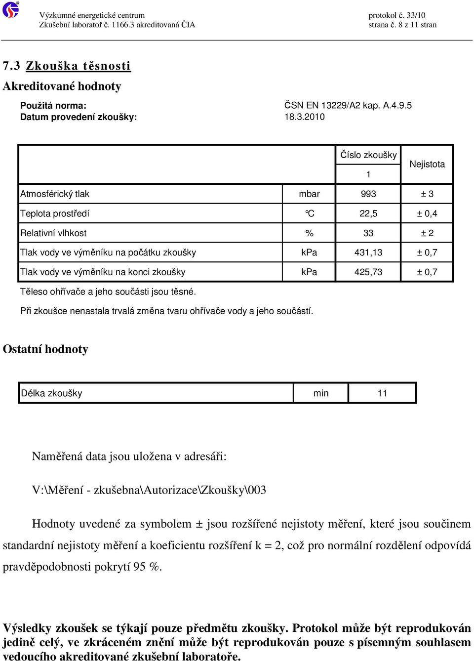 29/A2 kap. A.4.9.5 Datum provedení zkoušky: 18.3.