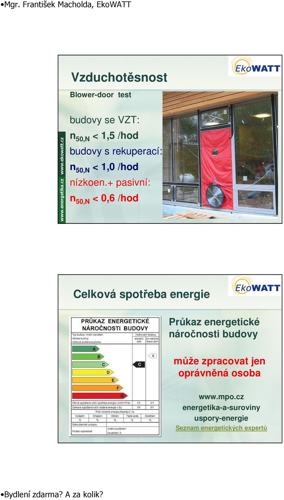 + pasivní: n 50,N < 0,6 /hod Celková spotřeba energie Průkaz energetické