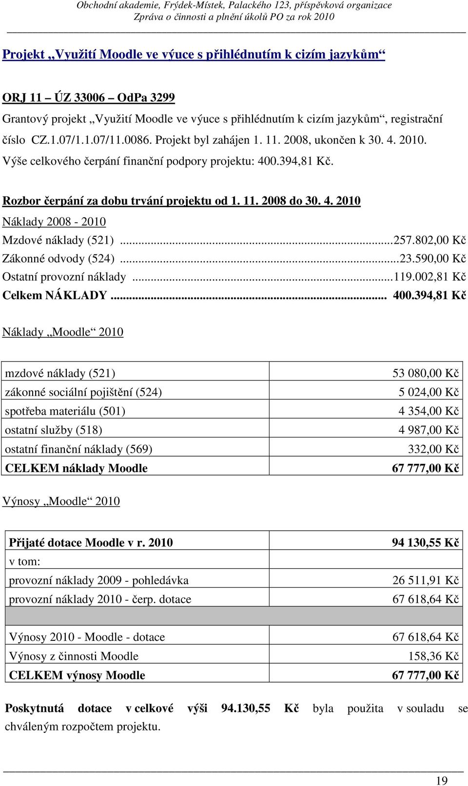 ..257.802,00 Kč Zákonné odvody (524)...23.590,00 Kč Ostatní provozní náklady...119.002,81 Kč Celkem NÁKLADY... 400.