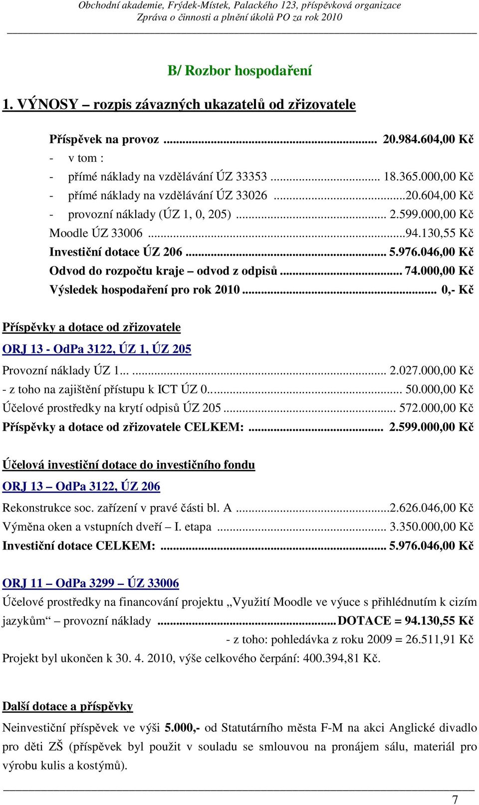 046,00 Kč Odvod do rozpočtu kraje odvod z odpisů... 74.000,00 Kč Výsledek hospodaření pro rok 2010... 0,- Kč Příspěvky a dotace od zřizovatele ORJ 13 - OdPa 3122, ÚZ 1, ÚZ 205 Provozní náklady ÚZ 1.